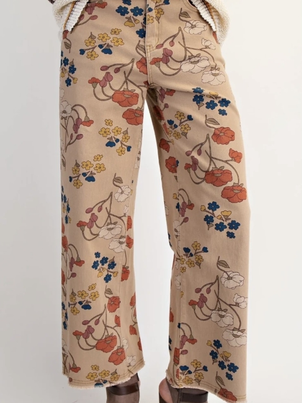Easel Khaki Floral Printed Stretch Twill Pants Raw Hem Sz M